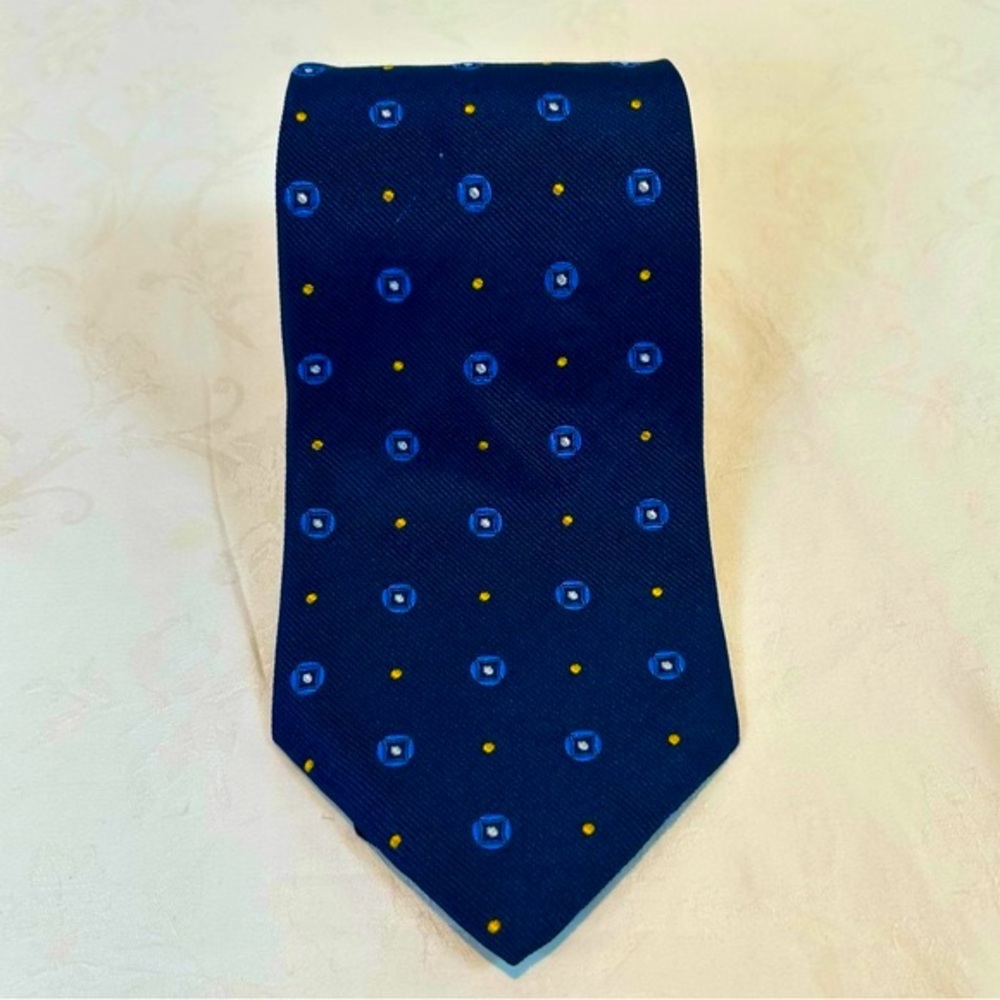Lauren Ralph Lauren 100% Silk Neck Tie Blue Gold Geometric Print,